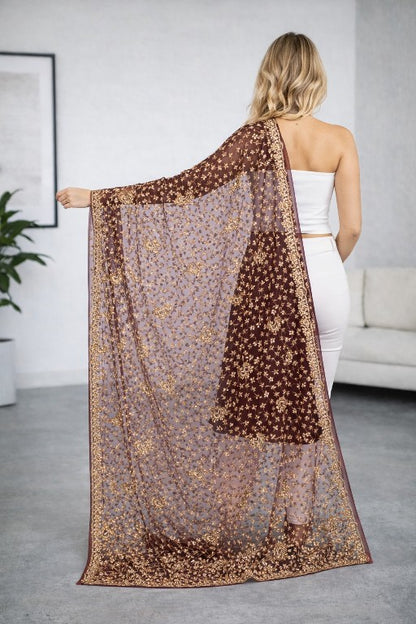 Sanskriti Vintage Brown Net Dupatta/Stole Hand Embroidery Zardozi Wedding Veil