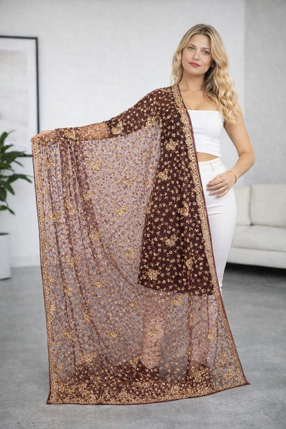 Sanskriti Vintage Brown Net Dupatta/Stole Hand Embroidery Zardozi Wedding Veil