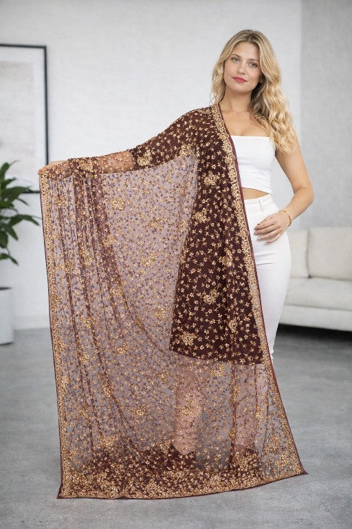 Sanskriti Vintage Brown Net Dupatta/Stole Hand Embroidery Zardozi Wedding Veil