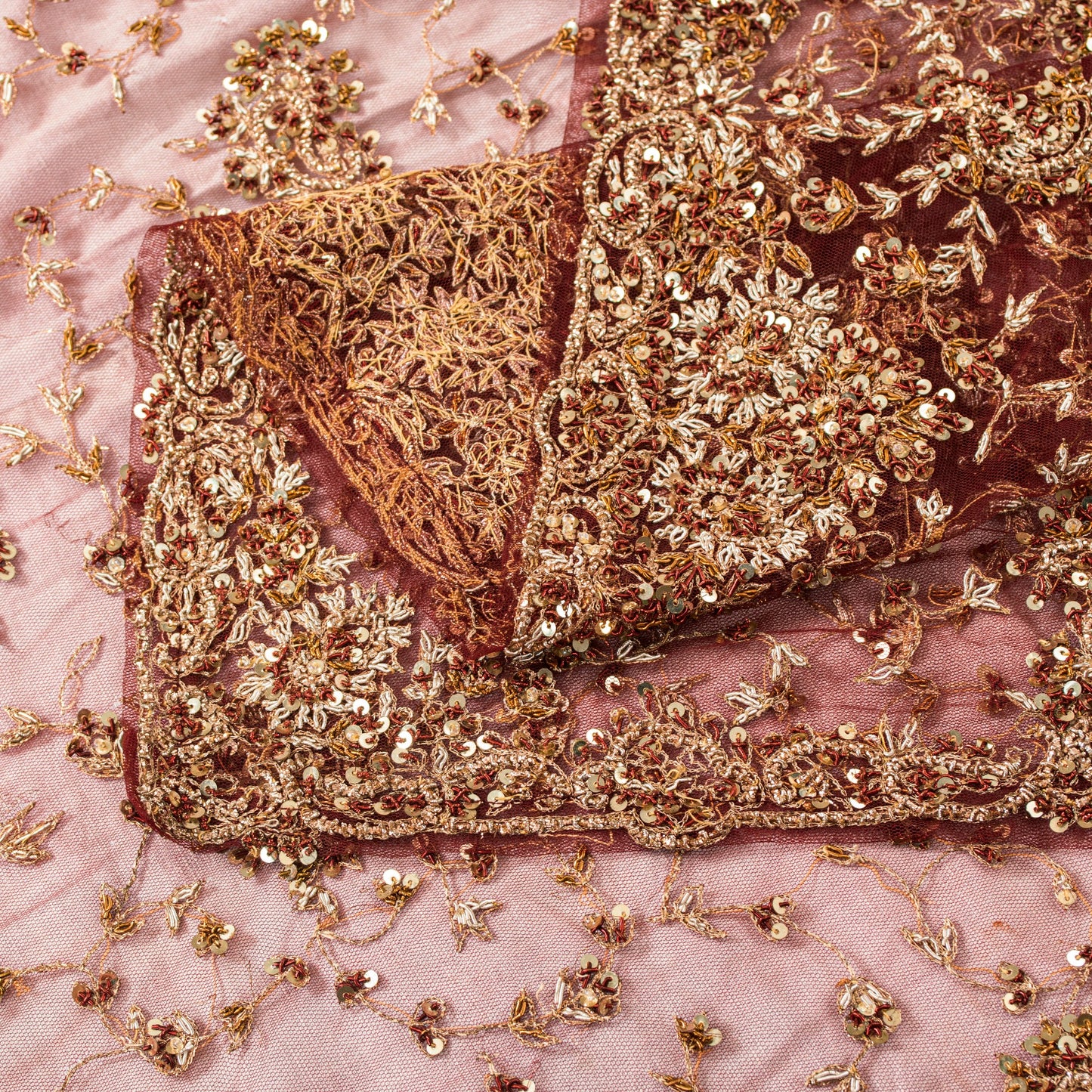 Sanskriti Vintage Brown Net Dupatta/Stole Hand Embroidery Zardozi Wedding Veil