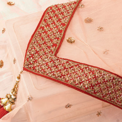 Sanskriti Vintage Peach Net Dupatta/Stole Hand Embroidered Zardozi Beaded Wedding Neck Scarf Crafting, Upcycling, Recycling, Dress Making