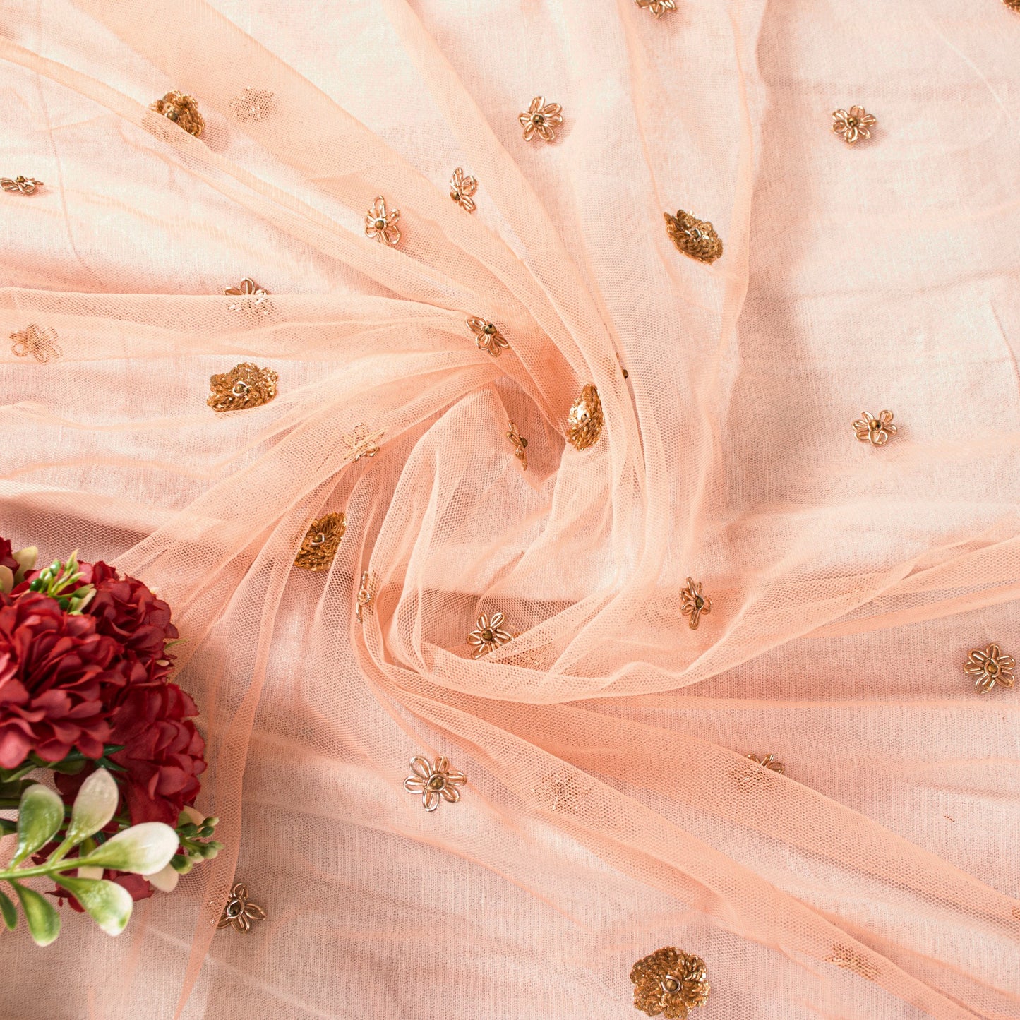 Sanskriti Vintage Peach Net Dupatta/Stole Hand Embroidered Zardozi Beaded Wedding Neck Scarf Crafting, Upcycling, Recycling, Dress Making
