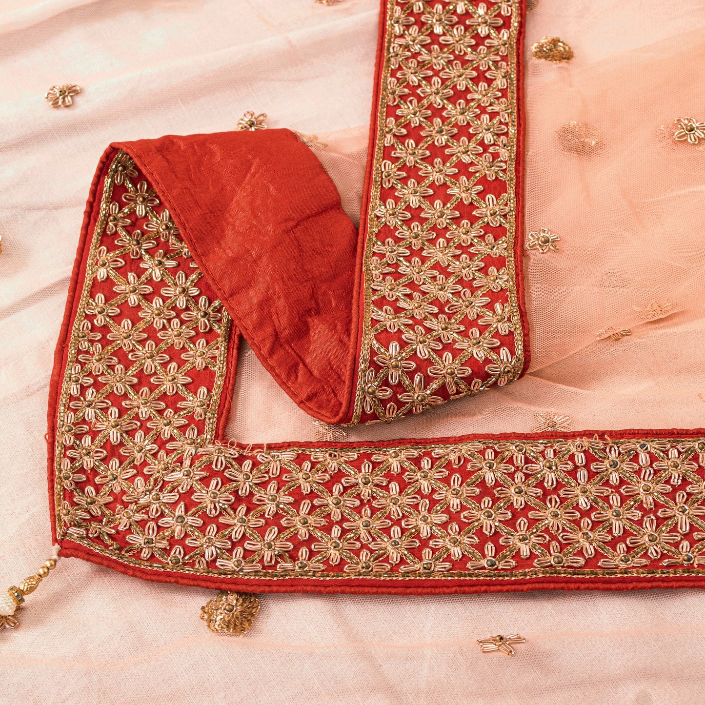 Sanskriti Vintage Peach Net Dupatta/Stole Hand Embroidered Zardozi Beaded Wedding Neck Scarf Crafting, Upcycling, Recycling, Dress Making