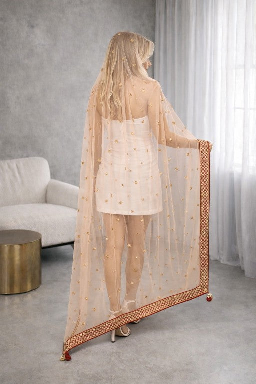 Sanskriti Vintage Peach Net Dupatta/Stole Hand Embroidered Zardozi Beaded Wedding Neck Scarf Crafting, Upcycling, Recycling, Dress Making