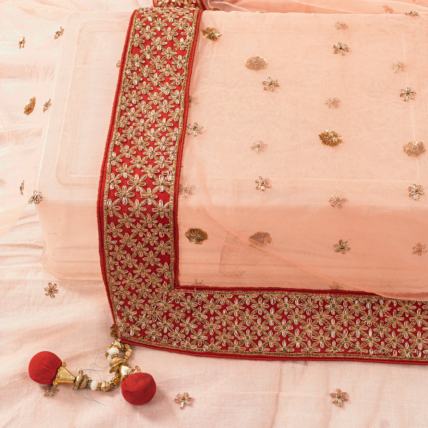 Sanskriti Vintage Peach Net Dupatta/Stole Hand Embroidered Zardozi Beaded Wedding Neck Scarf Crafting, Upcycling, Recycling, Dress Making