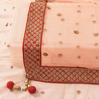 Sanskriti Vintage Peach Net Dupatta/Stole Hand Embroidered Zardozi Beaded Wedding Neck Scarf Crafting, Upcycling, Recycling, Dress Making