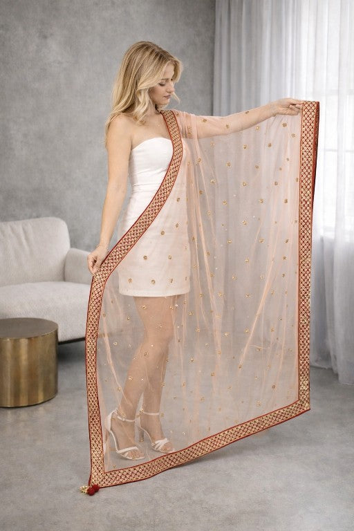 Sanskriti Vintage Peach Net Dupatta/Stole Hand Embroidered Zardozi Beaded Wedding Neck Scarf Crafting, Upcycling, Recycling, Dress Making