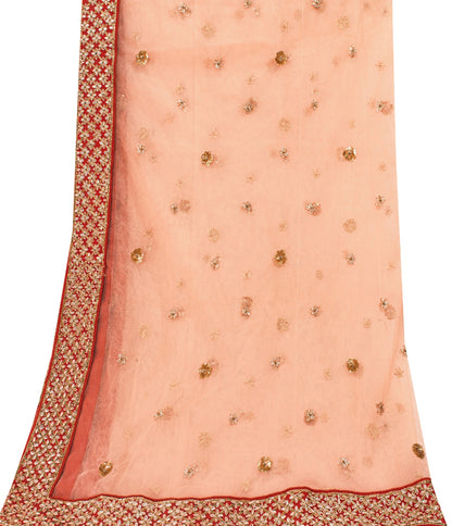 Sanskriti Vintage Peach Net Dupatta/Stole Hand Embroidered Zardozi Beaded Wedding Neck Scarf Crafting, Upcycling, Recycling, Dress Making