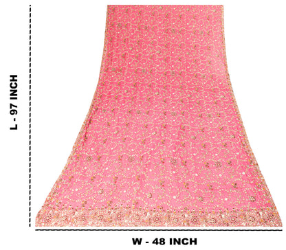 Sanskriti Vintage Pink Pure Georgette Dupatta/Stole Hand Embroidery Zardozi Veil