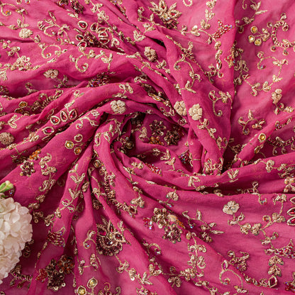 Sanskriti Vintage Pink Pure Georgette Dupatta/Stole Hand Embroidery Zardozi Veil