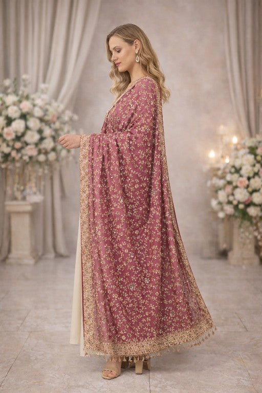 Sanskriti Vintage Pink Pure Georgette Dupatta/Stole Hand Embroidery Zardozi Veil