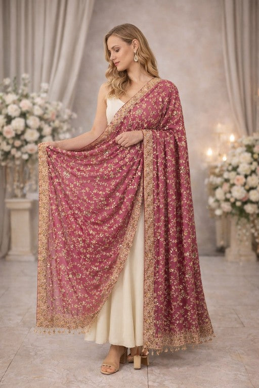 Sanskriti Vintage Pink Pure Georgette Dupatta/Stole Hand Embroidery Zardozi Veil