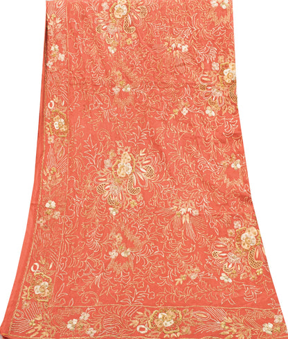 Sanskriti Vintage Peach Dupatta/Stole Pure Silk Hand Embroidered Zardozi Scarf