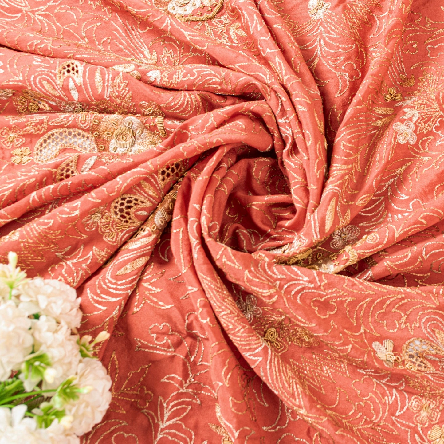 Sanskriti Vintage Peach Dupatta/Stole Pure Silk Hand Embroidered Zardozi Scarf