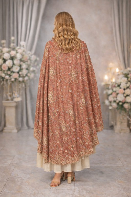 Sanskriti Vintage Peach Dupatta/Stole Pure Silk Hand Embroidered Zardozi Scarf