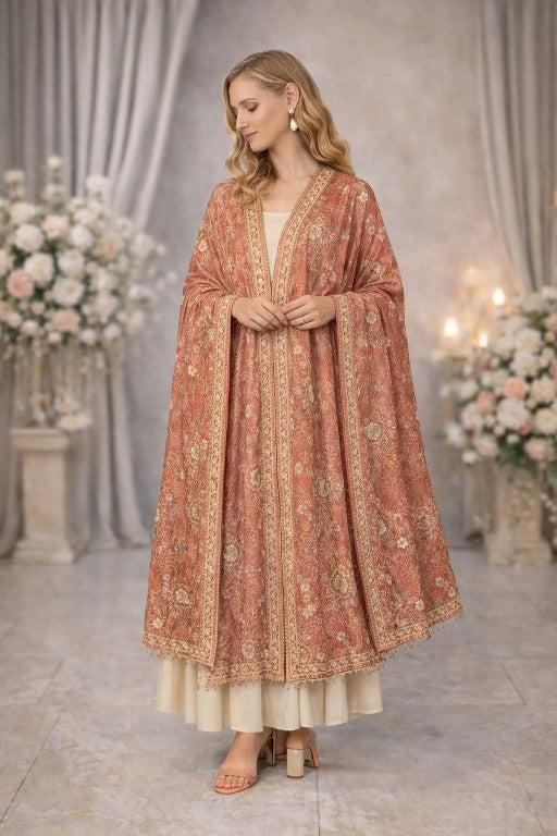 Sanskriti Vintage Peach Dupatta/Stole Pure Silk Hand Embroidered Zardozi Scarf