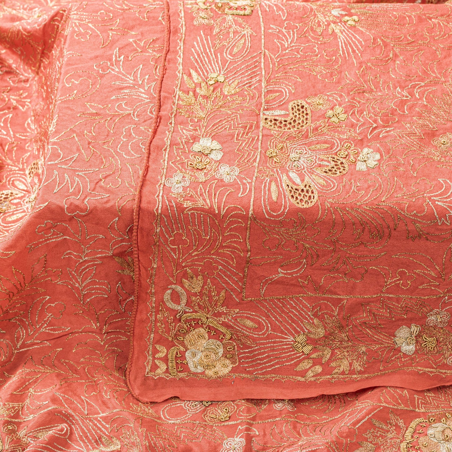 Sanskriti Vintage Peach Dupatta/Stole Pure Silk Hand Embroidered Zardozi Scarf