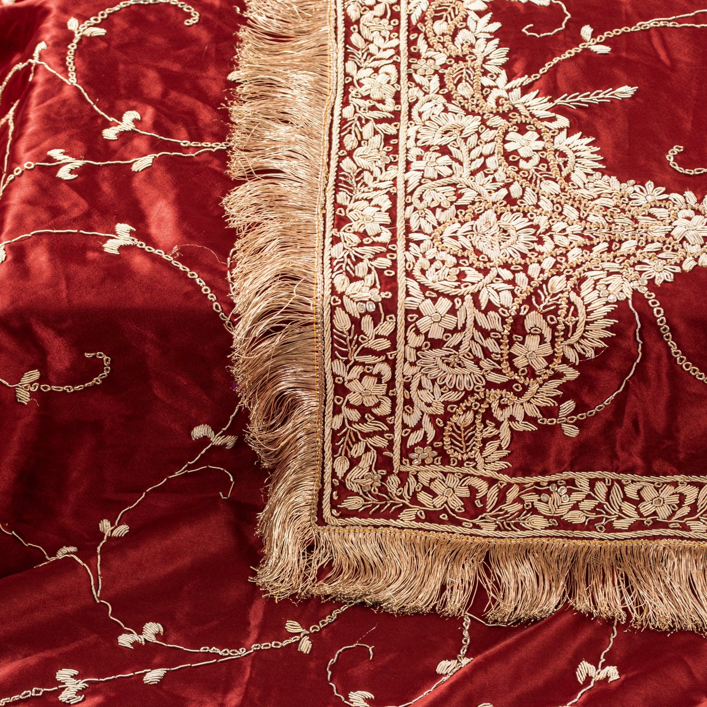 Sanskriti Vintage Soft Red Art Silk Dupatta/Stole Hand Embroidered Zardozi Scarf