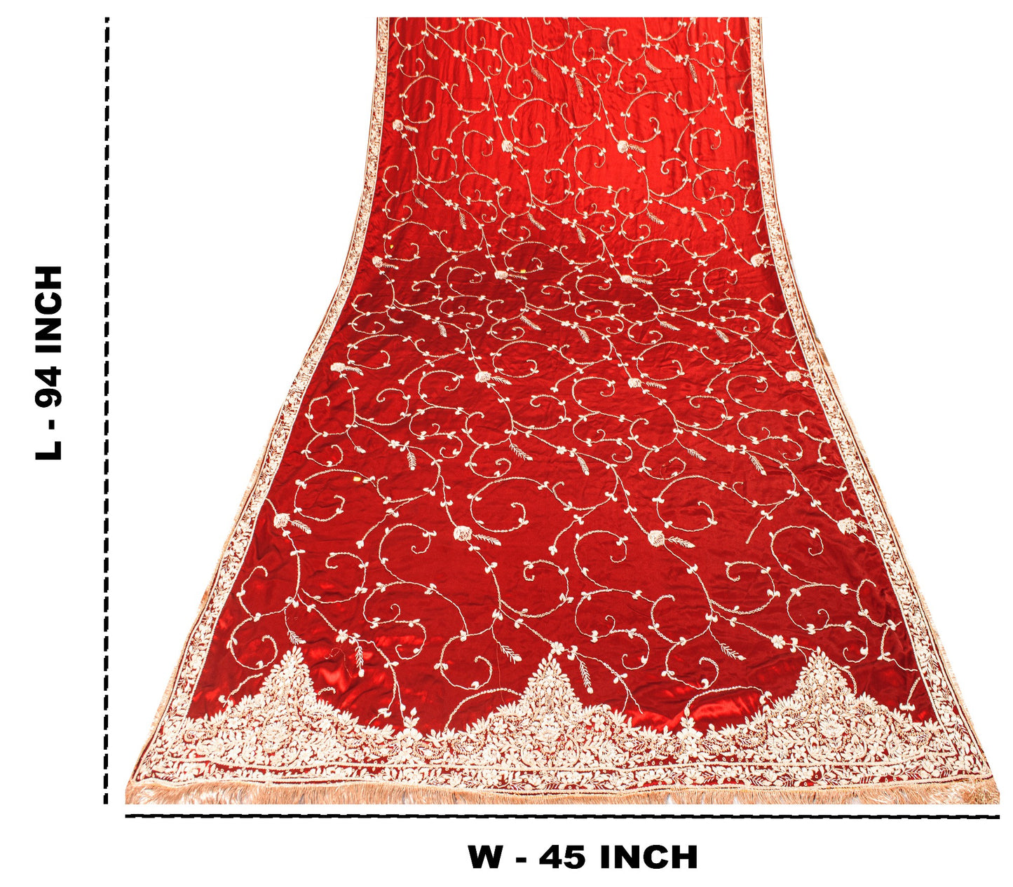 Sanskriti Vintage Soft Red Art Silk Dupatta/Stole Hand Embroidered Zardozi Scarf