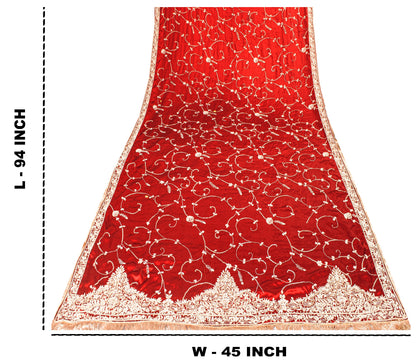 Sanskriti Vintage Soft Red Art Silk Dupatta/Stole Hand Embroidered Zardozi Scarf