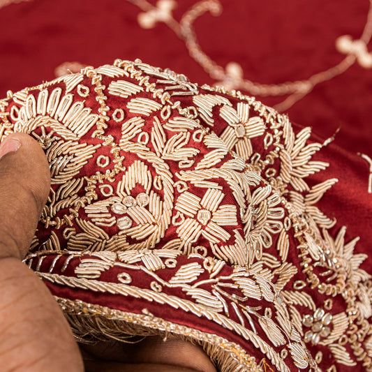 Sanskriti Vintage Soft Red Art Silk Dupatta/Stole Hand Embroidered Zardozi Scarf