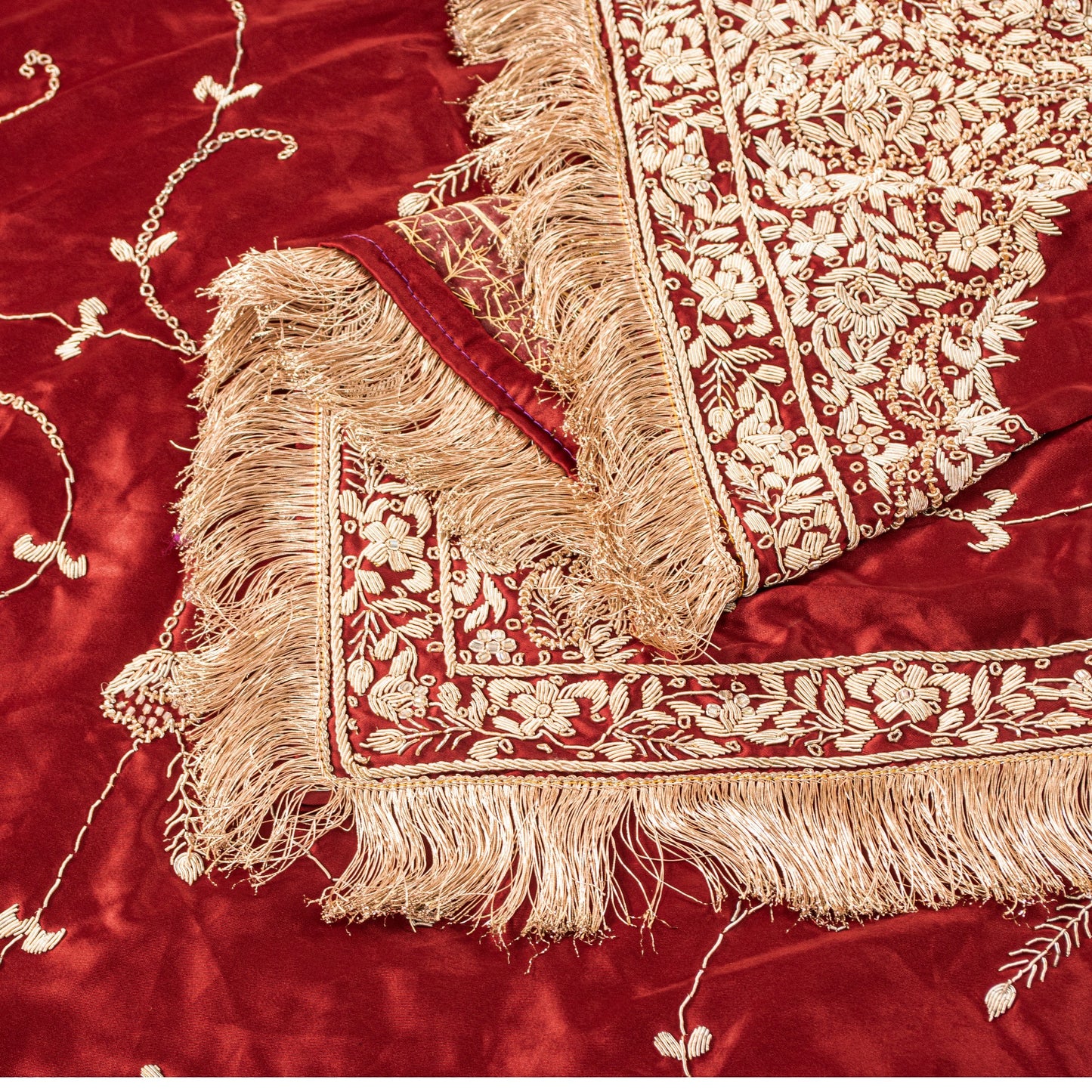 Sanskriti Vintage Soft Red Art Silk Dupatta/Stole Hand Embroidered Zardozi Scarf
