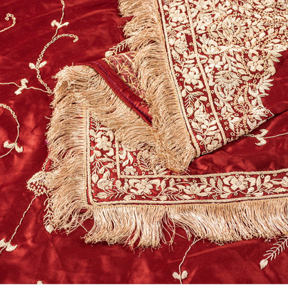 Sanskriti Vintage Soft Red Art Silk Dupatta/Stole Hand Embroidered Zardozi Scarf