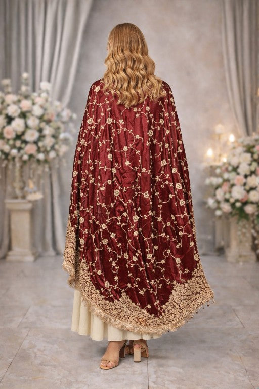 Sanskriti Vintage Soft Red Art Silk Dupatta/Stole Hand Embroidered Zardozi Scarf