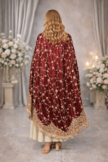 Sanskriti Vintage Soft Red Art Silk Dupatta/Stole Hand Embroidered Zardozi Scarf
