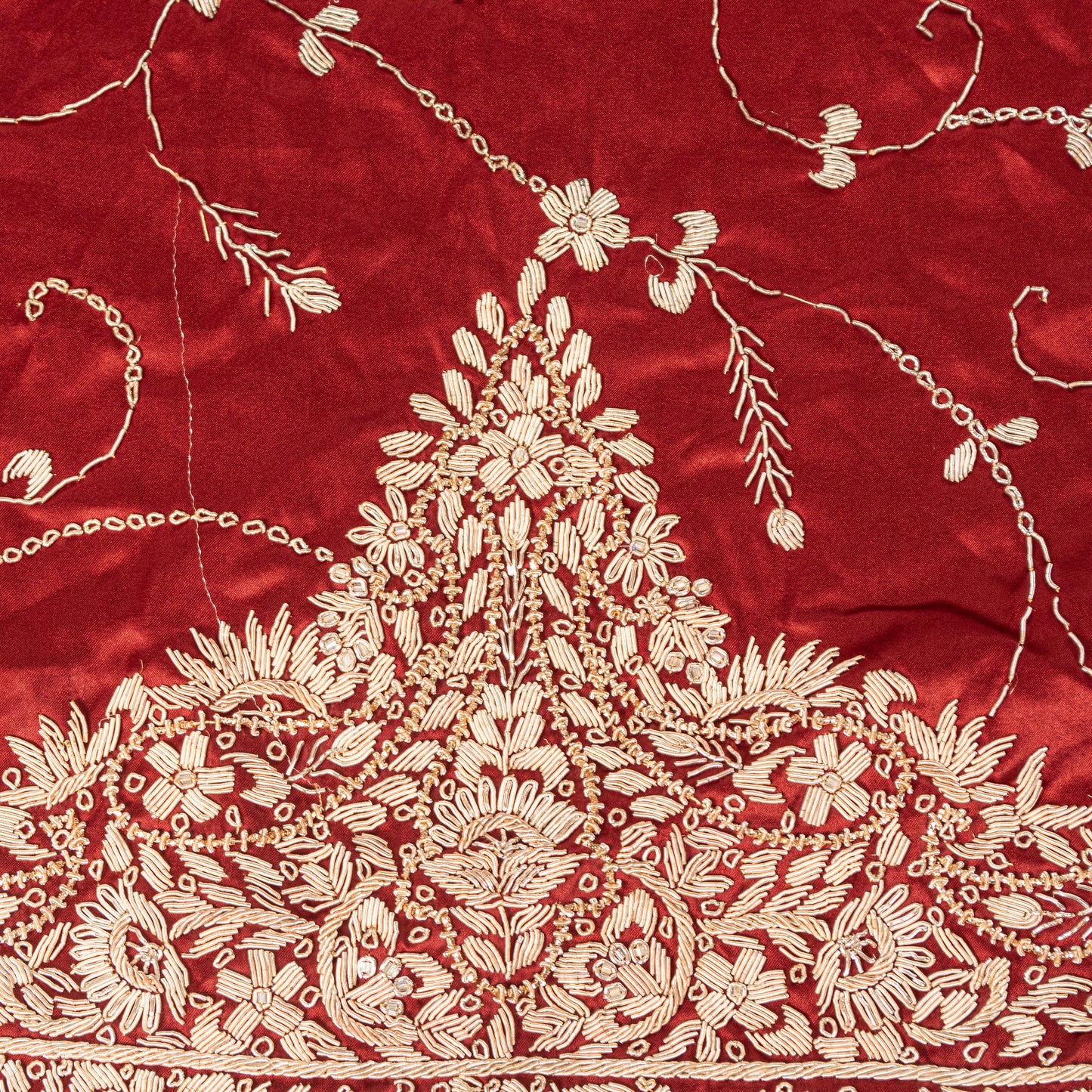 Sanskriti Vintage Soft Red Art Silk Dupatta/Stole Hand Embroidered Zardozi Scarf