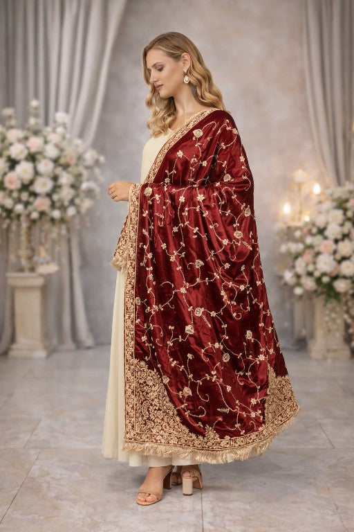 Sanskriti Vintage Soft Red Art Silk Dupatta/Stole Hand Embroidered Zardozi Scarf