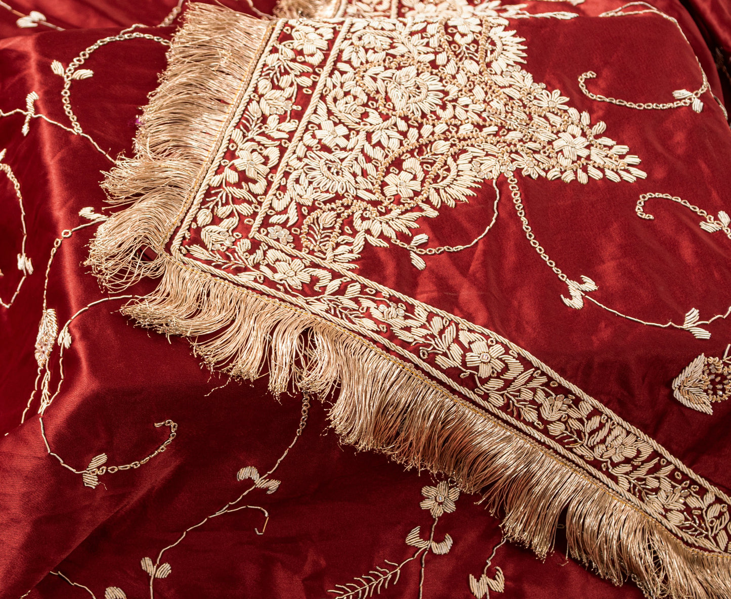 Sanskriti Vintage Soft Red Art Silk Dupatta/Stole Hand Embroidered Zardozi Scarf