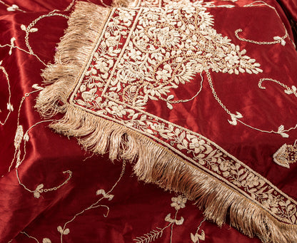 Sanskriti Vintage Soft Red Art Silk Dupatta/Stole Hand Embroidered Zardozi Scarf