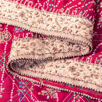 Sanskriti Vintage Red Pure Silk Dupatta/Stole Peacock Bandhani Gharchola Hand Embroidered Zardozi Gujrat Of India Crafting, Upcycling,