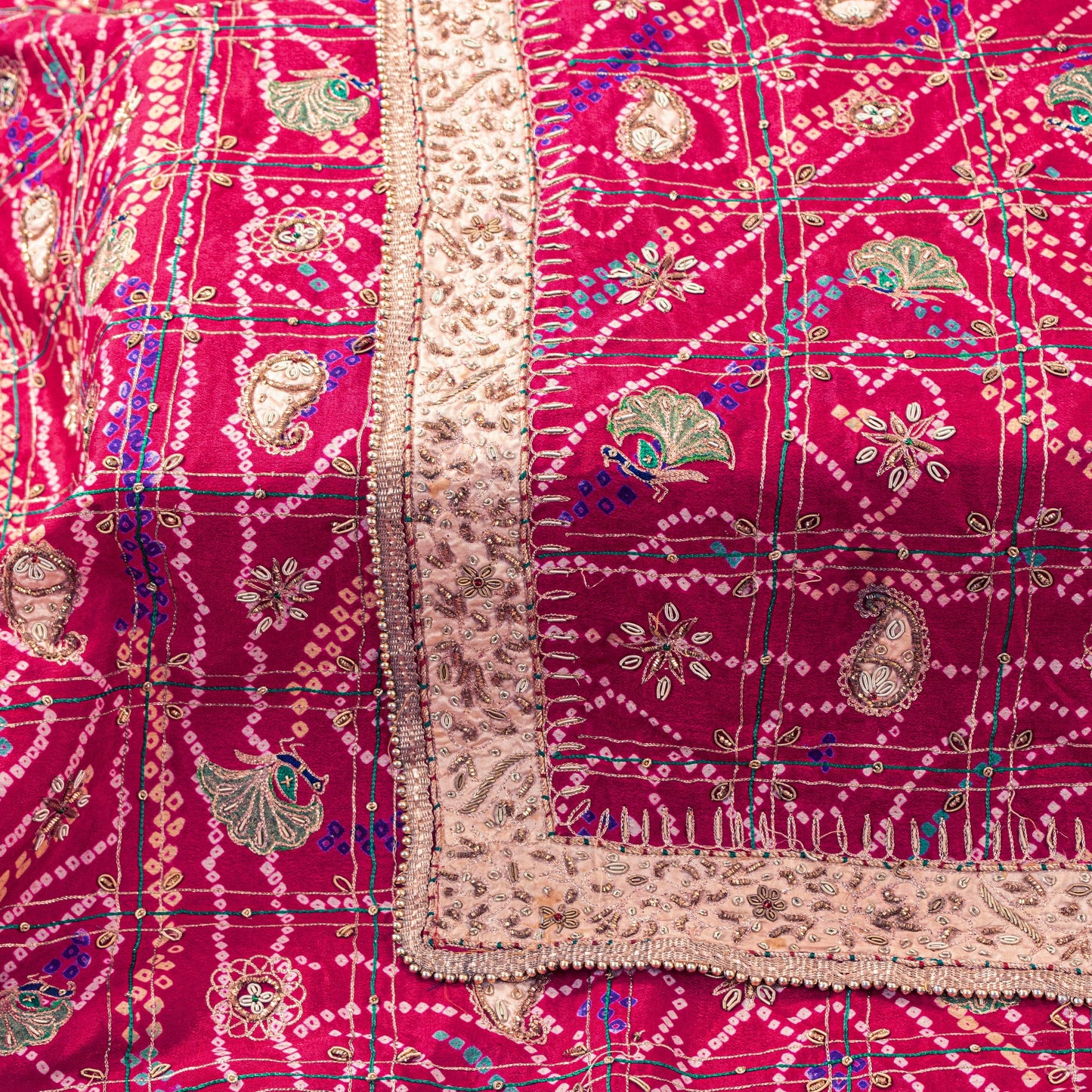 Sanskriti Vintage Red Pure Silk Dupatta/Stole Peacock Bandhani Gharchola Hand Embroidered Zardozi Gujrat Of India Crafting, Upcycling,