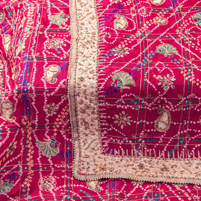 Sanskriti Vintage Red Pure Silk Dupatta/Stole Peacock Bandhani Gharchola Hand Embroidered Zardozi Gujrat Of India Crafting, Upcycling,