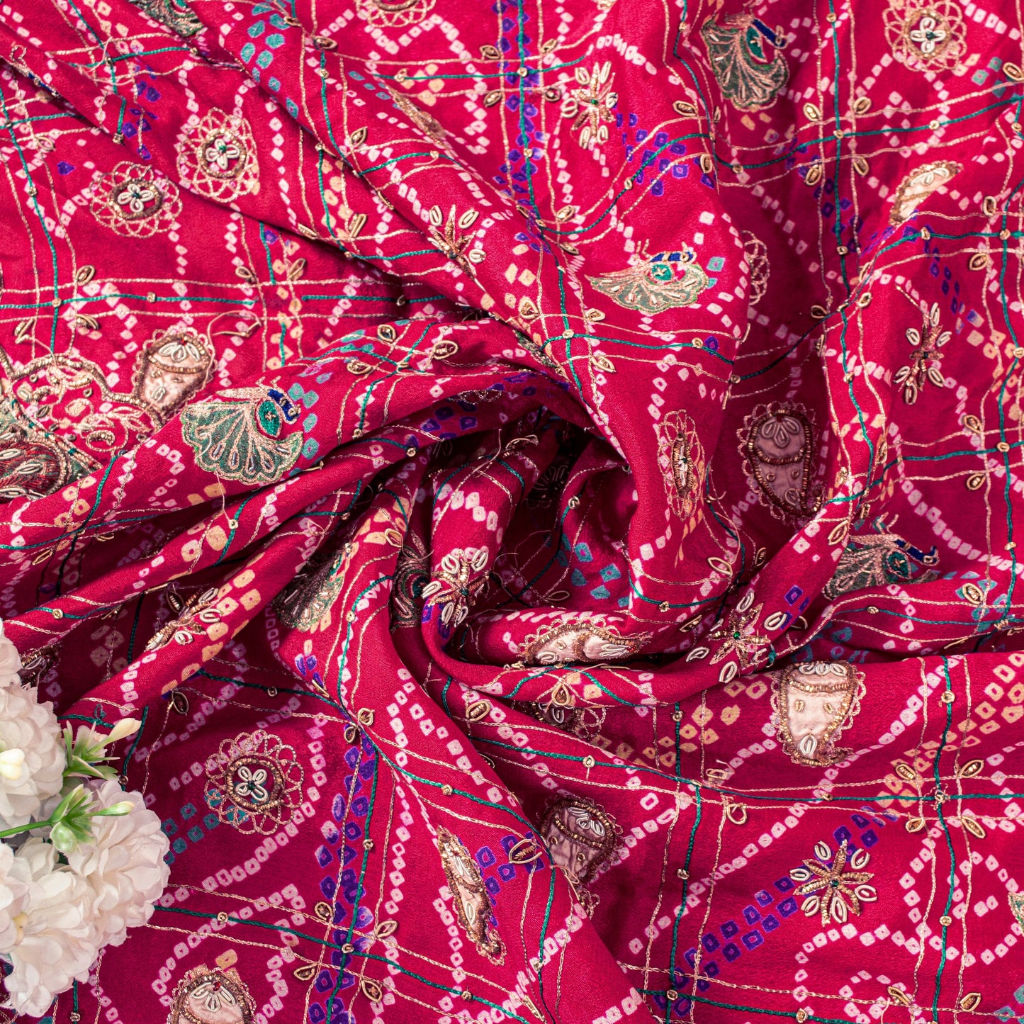 Sanskriti Vintage Red Pure Silk Dupatta/Stole Peacock Bandhani Gharchola Hand Embroidered Zardozi Gujrat Of India Crafting, Upcycling,