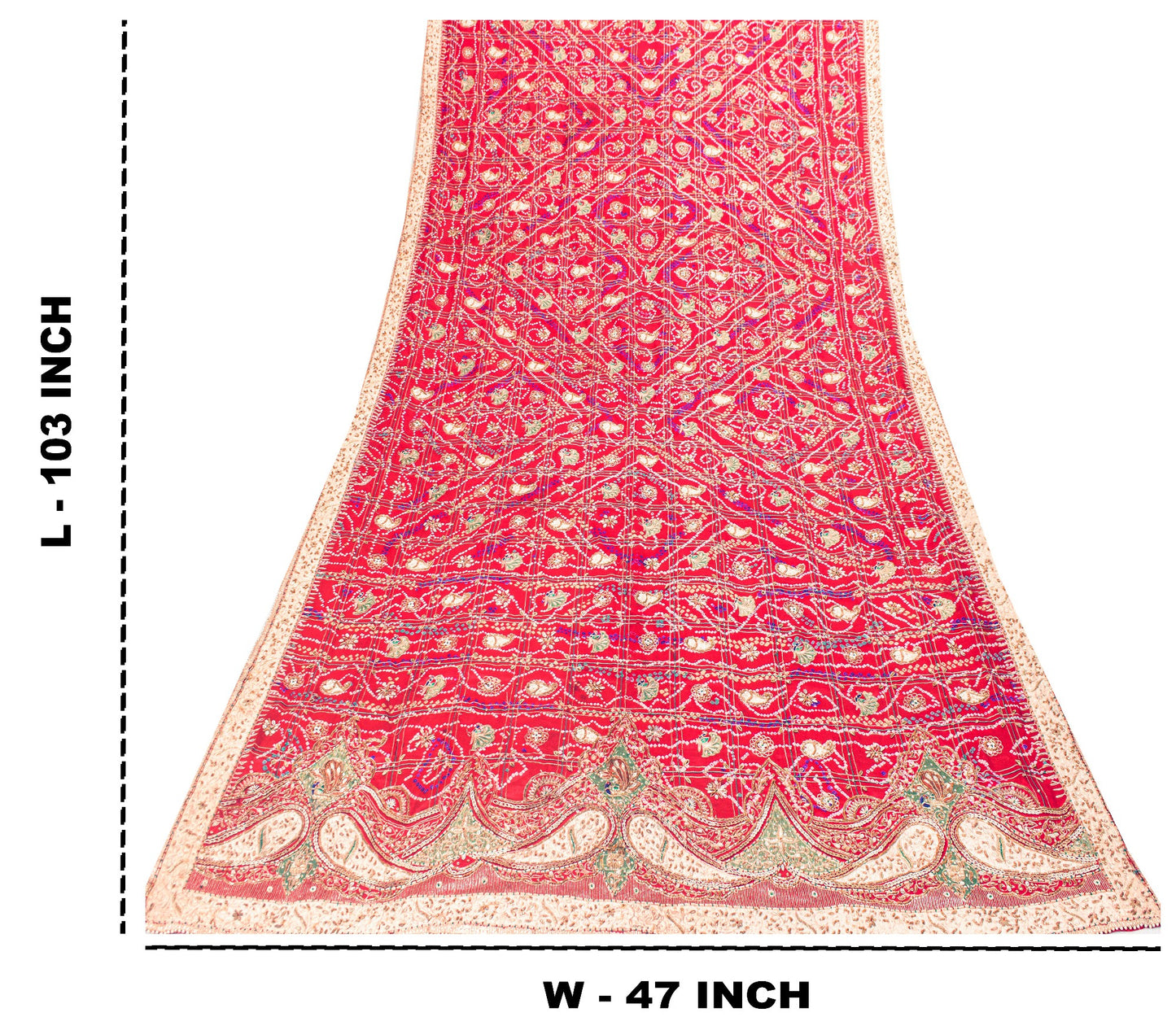 Sanskriti Vintage Red Pure Silk Dupatta/Stole Peacock Bandhani Gharchola Hand Embroidered Zardozi Gujrat Of India Crafting, Upcycling,