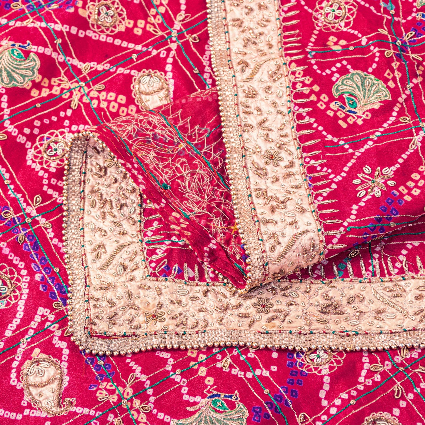 Sanskriti Vintage Red Pure Silk Dupatta/Stole Peacock Bandhani Gharchola Hand Embroidered Zardozi Gujrat Of India Crafting, Upcycling,