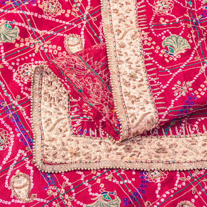 Sanskriti Vintage Red Pure Silk Dupatta/Stole Peacock Bandhani Gharchola Hand Embroidered Zardozi Gujrat Of India Crafting, Upcycling,