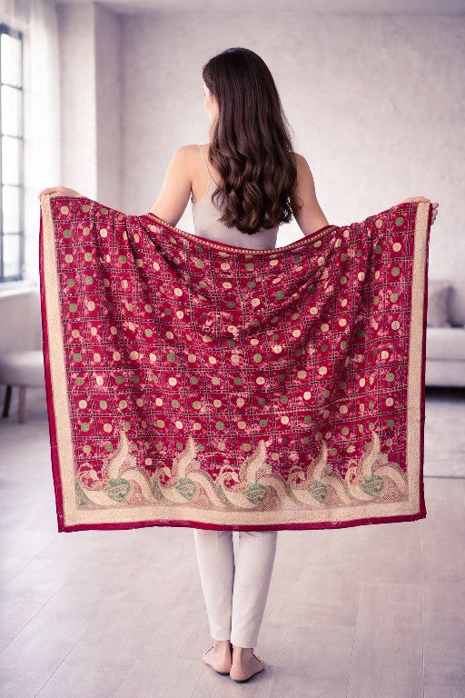 Sanskriti Vintage Red Pure Silk Dupatta/Stole Peacock Bandhani Gharchola Hand Embroidered Zardozi Gujrat Of India Crafting, Upcycling,