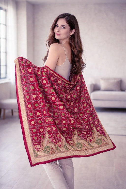 Sanskriti Vintage Red Pure Silk Dupatta/Stole Peacock Bandhani Gharchola Hand Embroidered Zardozi Gujrat Of India Crafting, Upcycling,