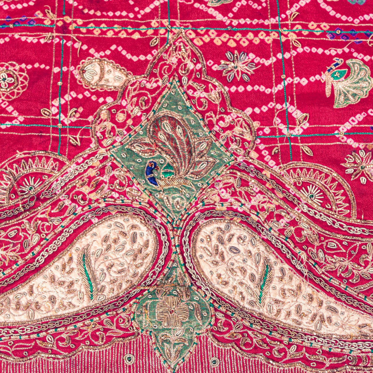 Sanskriti Vintage Red Pure Silk Dupatta/Stole Peacock Bandhani Gharchola Hand Embroidered Zardozi Gujrat Of India Crafting, Upcycling,