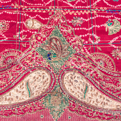 Sanskriti Vintage Red Pure Silk Dupatta/Stole Peacock Bandhani Gharchola Hand Embroidered Zardozi Gujrat Of India Crafting, Upcycling,