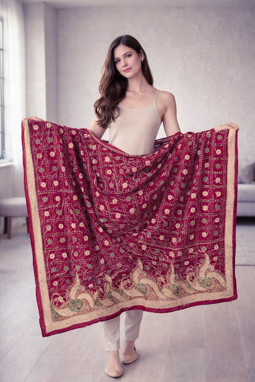 Sanskriti Vintage Red Pure Silk Dupatta/Stole Peacock Bandhani Gharchola Hand Embroidered Zardozi Gujrat Of India Crafting, Upcycling,