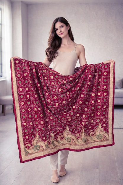 Sanskriti Vintage Red Pure Silk Dupatta/Stole Peacock Bandhani Gharchola Hand Embroidered Zardozi Gujrat Of India Crafting, Upcycling,