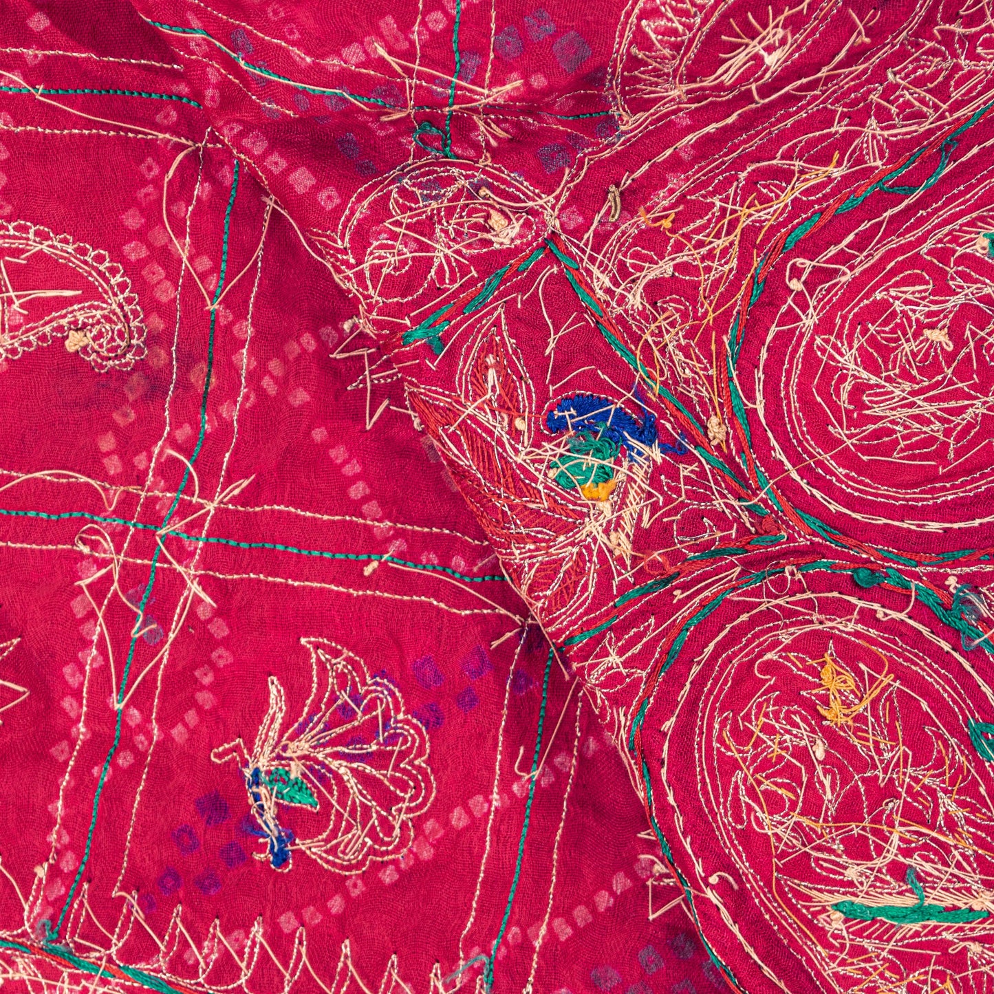 Sanskriti Vintage Red Pure Silk Dupatta/Stole Peacock Bandhani Gharchola Hand Embroidered Zardozi Gujrat Of India Crafting, Upcycling,