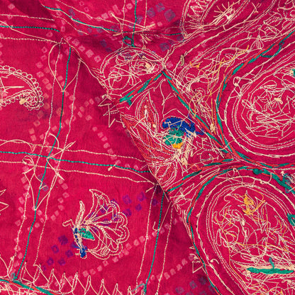 Sanskriti Vintage Red Pure Silk Dupatta/Stole Peacock Bandhani Gharchola Hand Embroidered Zardozi Gujrat Of India Crafting, Upcycling,