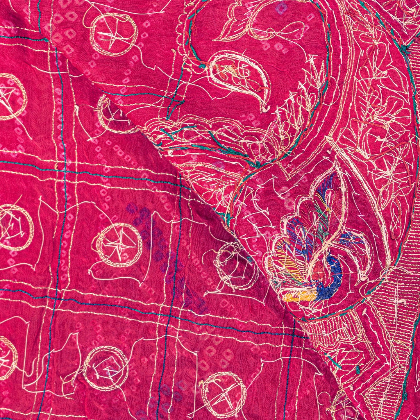 Sanskriti Vintage Red Pure Silk Dupatta/Stole Peacock Bandhani Gharchola Hand Embroidered Zardozi Gujrat Of India Crafting, Upcycling,