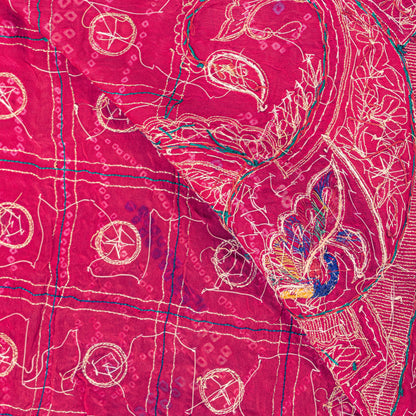 Sanskriti Vintage Red Pure Silk Dupatta/Stole Peacock Bandhani Gharchola Hand Embroidered Zardozi Gujrat Of India Crafting, Upcycling,